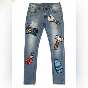 Embellished Blue Jeans with Tool Patches